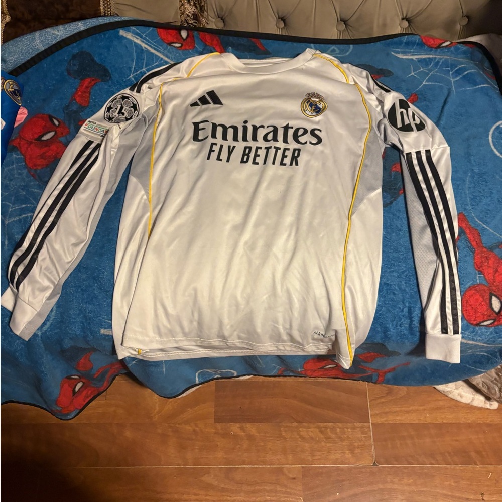 Real Madrid Adidas Long Sleeve Home Jersey - White with Black & Gold